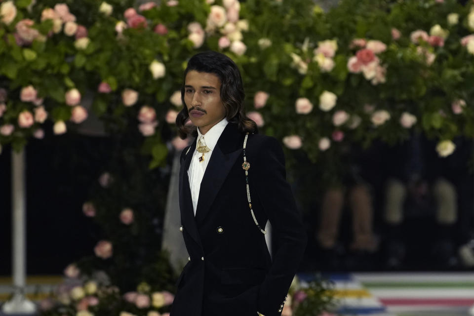 A model wears a creation as part of the Casablanca menswear Fall-Winter 2023-24 collection presented in Paris, Saturday, Jan. 21, 2023. (AP Photo/Christophe Ena)