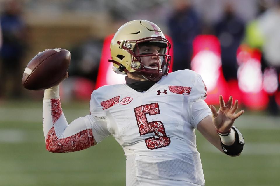 Boston College quarterback Phil Jurkovec passes during the first half of an NCAA college football game against Notre Dame, Saturday, Nov. 14, 2020, in Boston. (AP Photo/Michael Dwyer)