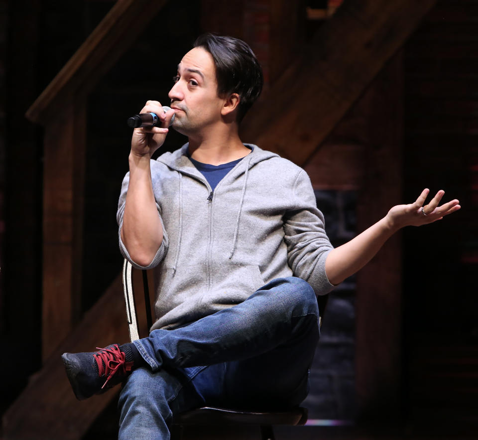 NEW YORK, NY - MARCH 20:  Lin-Manuel Miranda makes a surprise appearance during a Q & A before The Rockefeller Foundation and The Gilder Lehrman Institute of American History sponsored High School student #EduHam matinee performance of "Hamilton" at the Richard Rodgers Theatre on 3/20/2019 in New York City.  (Photo by Walter McBride/Getty Images)