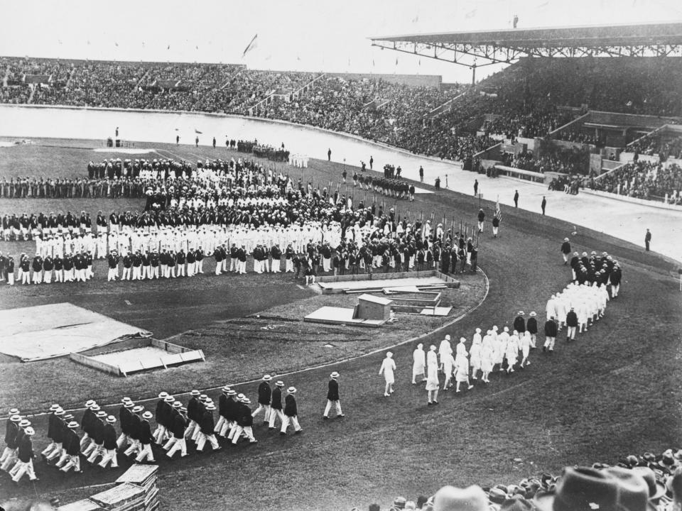 A high-angle view of the opening ceremony at the 1924 Summer Olympics in Paris