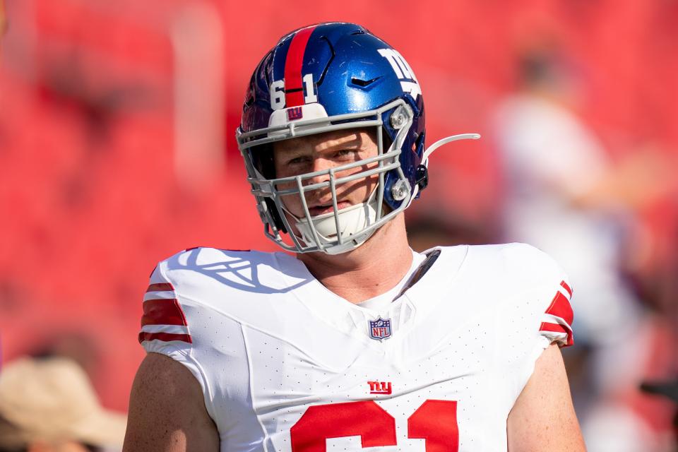 September 21, 2023; Santa Clara, California, USA; New York Giants center John Michael Schmitz Jr. (61) before the game against the San Francisco 49ers at Levi's Stadium. Mandatory Credit: Kyle Terada-USA TODAY Sports