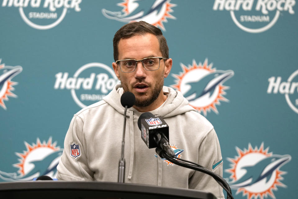 Miami Dolphins head coach Mike McDaniel speaks during a news conference following an NFL football game, Monday, Jan. 8, 2024, in Miami Gardens, Fla. The Bills defeated the Dolphins 21-14. (AP Photo/Wilfredo Lee)