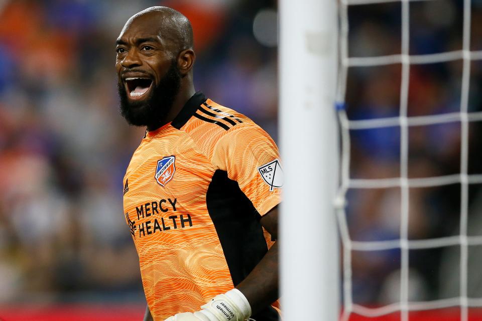 FC Cincinnati goalkeeper Kenneth Vermeer (25) sets up the defense on a corner kick in the second half of the MLS match between FC Cincinnati and D.C. United at TQL Stadium in the West End neighborhood of Cincinnati on Saturday, July 31, 2021. The match ended in a scoreless tie. 