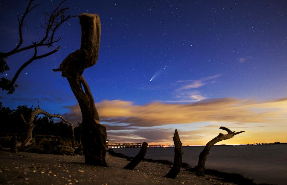 Comet Neowise can be seen from the Sanibel Lighthouse area on Sunday night after sunset, July 19, 2020. It can be seen looking in the northwesterly direction at about 9 or 10 degrees above the horizon. The best time to view it over the next couple of days is about an hour after sunset. It can be viewed from the northern hemisphere through July. Once it disappears from view, it will not be visible from Earth for another 6,800 years. For full disclosure, this photographer had a hard time seeing it with his naked eye. Experts says it can be seen with binoculars from a dark location away from light pollution. However, the camera can see it with a long exposure. This was photographed with a Canon 1Dx Mark II. Exposure time was between 20-30 seconds at f/2.8-4.5 at ISO 500-1000 depending on lighting conditions. Photographed with a 24-70mm lens at different focal lengths. 