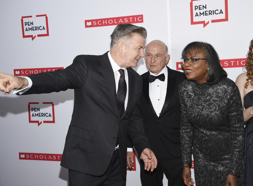 Actor Alec Baldwin, left, chats with PEN courage award recipient Anita Hill at the 2019 PEN America Literary Gala at the American Museum of Natural History on Tuesday, May 21, 2019, in New York. (Photo by Evan Agostini/Invision/AP)