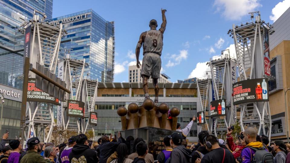 Laker legend Kobe Bryant statue outside Crypto-dot-com Arena.
