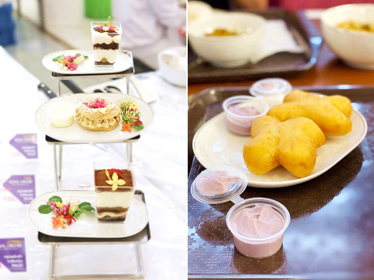 Sweet treats: a three-tier high tea set (left) and 'patongko' or Thai deep-fried crullers (right).