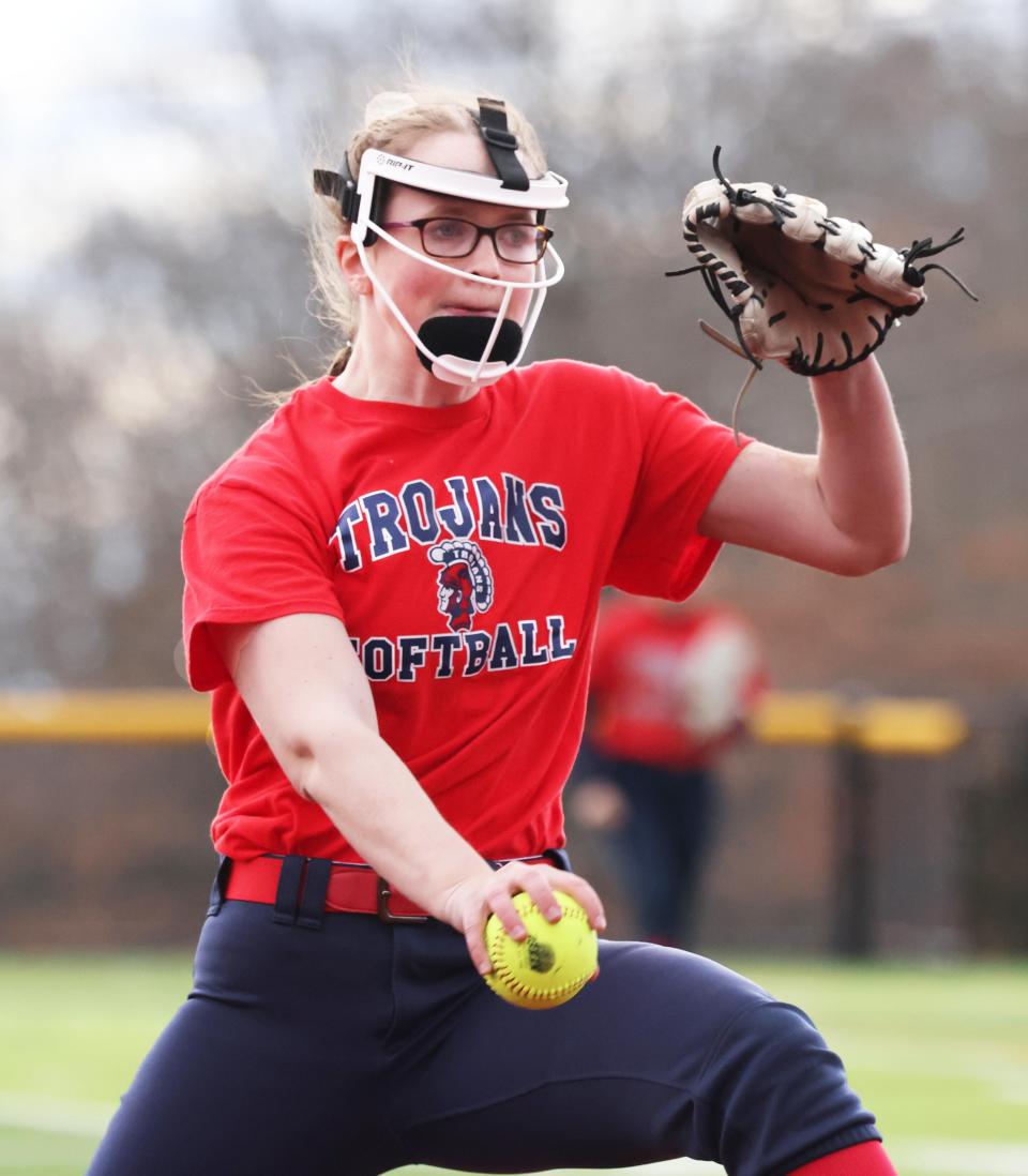 Bridgewater-Raynham pitcher Lily Welch delivers a pitch to a  Cardinal Spellman batter during a scrimmage game on Friday, April 1, 2022.