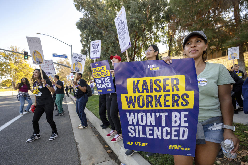 Healthcare workers picket outside Kaiser Permanente hospital during a nationwide strike, Wednesday, Oct. 4, 2023, in Moreno Valley, Calif.Some 75,000 Kaiser Permanente workers who say understaffing is hurting patient care have walked off the job in multiple states, kicking off a major health care worker strike. (Watchara Phomicinda/The Orange County Register via AP)