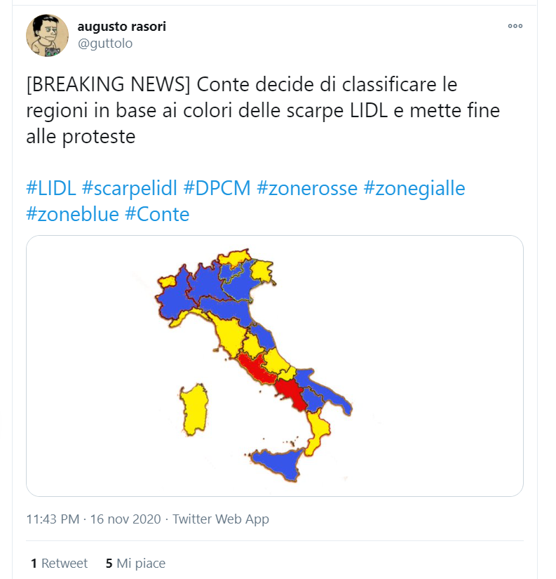 Secondo qualche utente, il grande seguito degli articoli d'abbigliamento della Lidl sarebbe uno dei sintomi del Covid: la perdita di gusto. Alcuni consigliano a Giuseppe Conte di classificare le regioni in base ai colori della Lidl anziché usare il giallo, l'arancione e il rosso pensati per la pandemia, e altri inventano delle scarpe di marchi concorrenti.