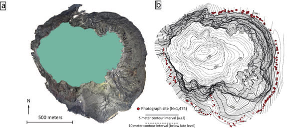 A high resolution topographic and bathymetric map of Ijen Crater Lake. The yellow sulfur dome is apparent in lower right corner of map a. Original source of figure is "New Insights into Kawah Ijen's volcanic system from the wet volcano workshop