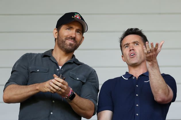 Reynolds and McElhenney pictured at the Vanarama National League play-off semi final match between Wrexham and Grimsby Town at Racecourse Ground on May 28 in Wrexham, Wales. (Photo: Lewis Storey via Getty Images)