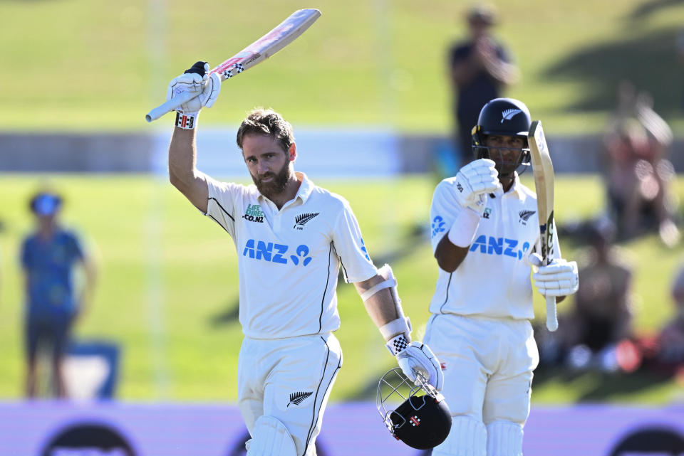 Kane Williamson of New Zealand celebrates his centuryduring the first day of the first cricket test between New Zealand and South Africa at Bay Oval, Mt Maunganui, New Zealand. Sunday Feb. 4, 2024. (Photo: Andrew Cornaga/Photosport via AP)