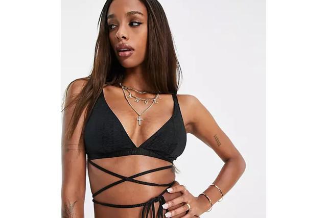 ASOS DESIGN Fuller Bust tie front halter bikini top in mono print