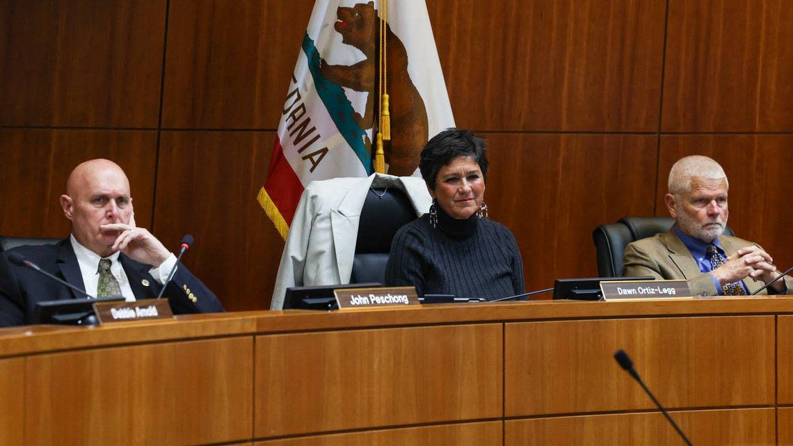 San Luis Obispo County Supervisors John Peschong, Dawn Ortiz-Legg, Bruce Gibson listen to public comment Feb. 7, 2023.