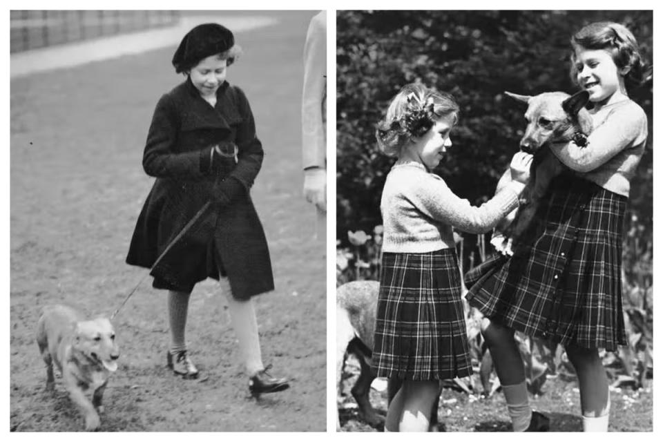 Princess Elizabeth with Dookie, 1936; Princess Margaret and Princess Elizabeth with the corgis, 1936 (AP)