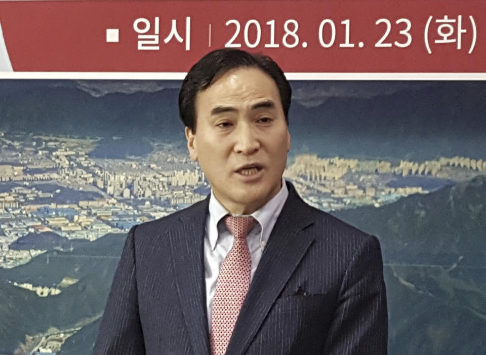 In this Jan. 23, 2018, photo, Kim Jong Yang, the senior vice president of Interpol executive committee, speaks during a press conference in Changwon, South Korea. Kim, the acting president of Interpol said it had not been told about the investigation of its chief. "I find it regrettable that the top leader of the organization had to go out this way and that we weren't specifically notified of what was happening in advance," Kim said on Monday, Oct. 8, 2018, in a phone interview. (Kang Kyung-kook/Newsis via AP)