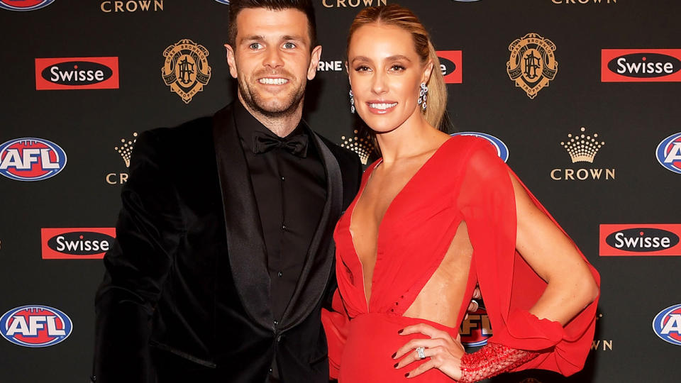 Trent and Brooke Cotchin are pictured on the red carpet at the 2018 Brownlow Medal count.