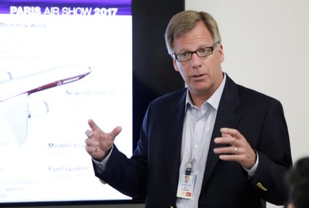 FILE PHOTO: Eric Lindblad, Vice President and General Manager of the Boeing 777X, speaks at Boeing's production facility in Everett, Washington