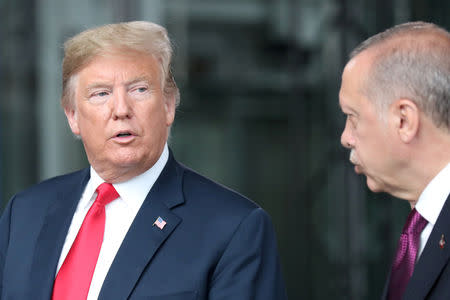 FILE PHOTO: U.S. President Donald Trump talks to Turkey’s President Recep Tayyip Erdogan at NATO headquarters in Brussels, Belgium July 11, 2018. Tatyana Zenkovich/Pool via REUTERS//File Photo