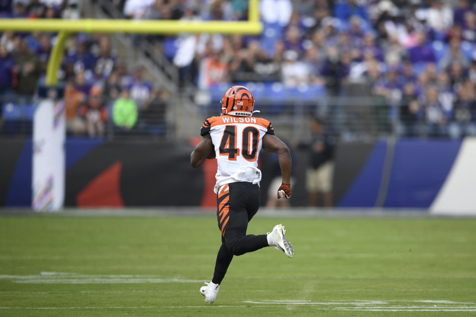 Cincinnati Bengals' Brandon Wilson runs uncontested while returning the opening kickoff from the Baltimore Ravens for a touchdown during the first half of an NFL football game Sunday, Oct. 13, 2019, in Baltimore. (AP Photo/Nick Wass)