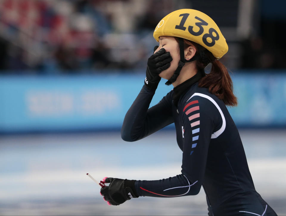 Park Seung-hi of South Korea reacts after competing in a women's 500m short track speedskating final at the Iceberg Skating Palace during the 2014 Winter Olympics, Thursday, Feb. 13, 2014, in Sochi, Russia. (AP Photo/Ivan Sekretarev)
