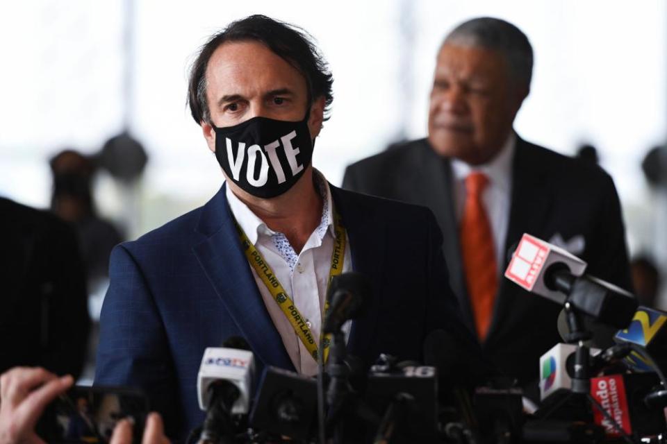 Richard Barron, Fulton county registration and elections director, holds a news conference in Atlanta, Georgia, on 5 November.