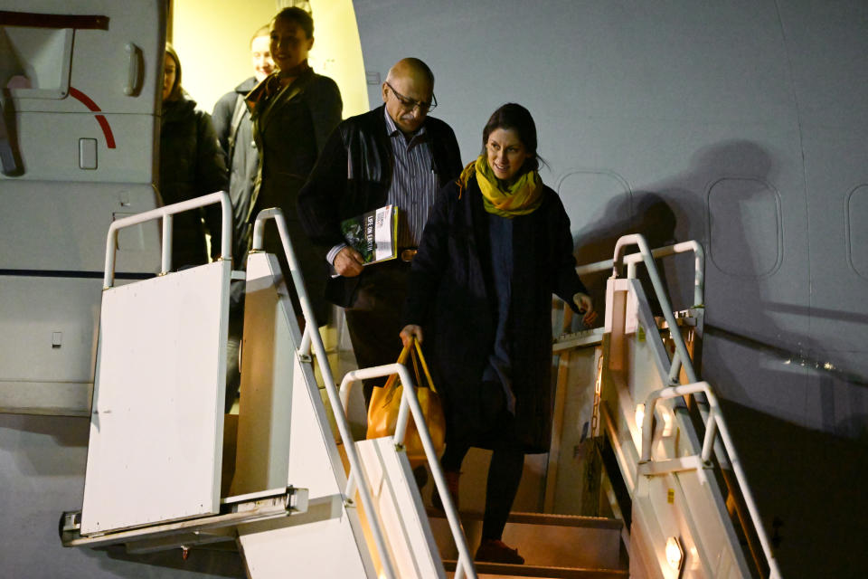 Nazanin Zaghari-Ratcliffe and Anoosheh Ashoori arrive at Brize Norton, Oxfordshire, after they was freed from detention by Iranian authorities. Picture date: Wednesday March 16, 2022.