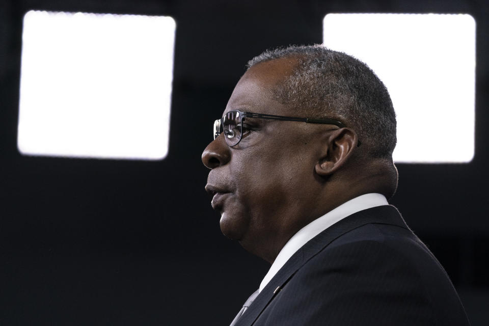 Secretary of Defense Lloyd Austin speaks during a media briefing at the Pentagon, Friday, Feb. 19, 2021, in Washington. (AP Photo/Alex Brandon)