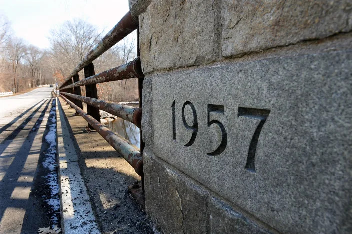 The Potter Road Bridge on the Framingham-Wayland line at the Sudbury River, Feb. 21, 2022. The bridge is in need of repair, with both communities chipping in to fund the work.