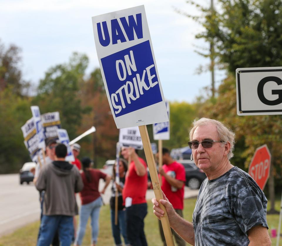 Mike Greenwell joined other members of UAW Local 862 strike Ford's Kentucky Truck Plant on Friday, Oct. 13, 2023. Greenwell has been with Ford for over 28 years