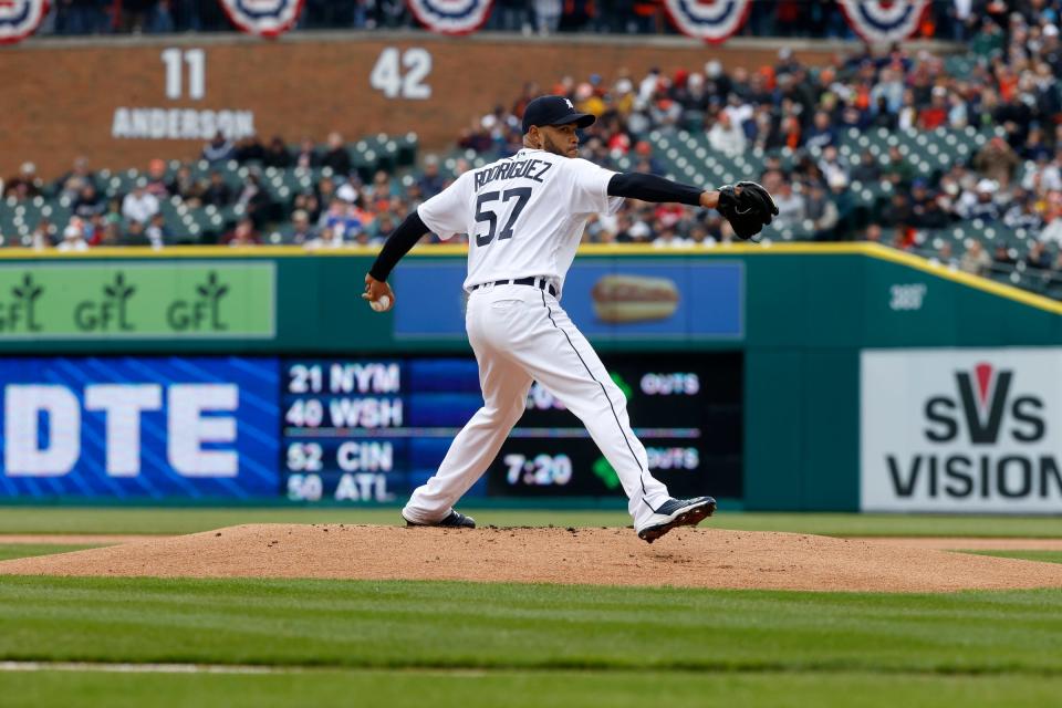 Detroit Tigers pitcher Eduardo Rodriguez throws the first pitch of the season against the Chicago White Sox at Comerica Park in Detroit on Friday, April 8, 2022.