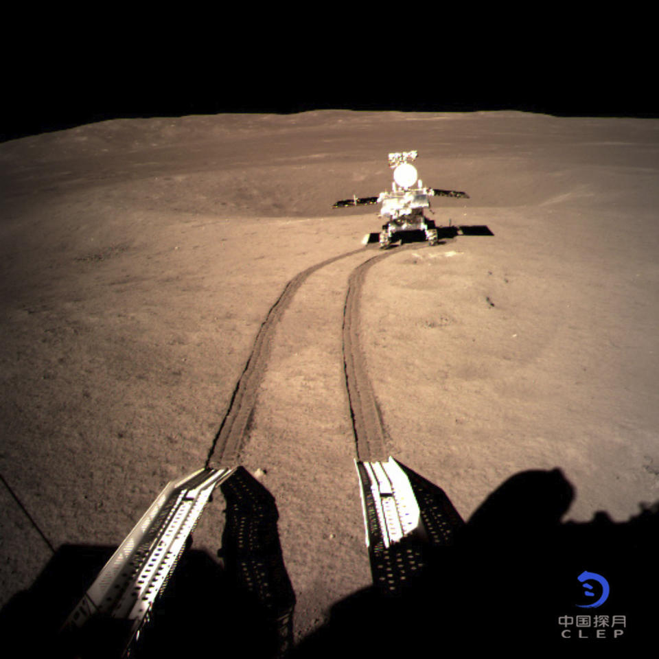 In this file photo provided on Jan. 4, 2019, by China National Space Administration via Xinhua News Agency, Yutu-2, China's lunar rover, leaves wheel marks after leaving the lander that touched down on the surface of the far side of the moon. China’s space agency says that all systems are go for its spacecraft and rover that have made a pioneering landing on the far side of the moon. (China National Space Administration/Xinhua News Agency via AP, File)