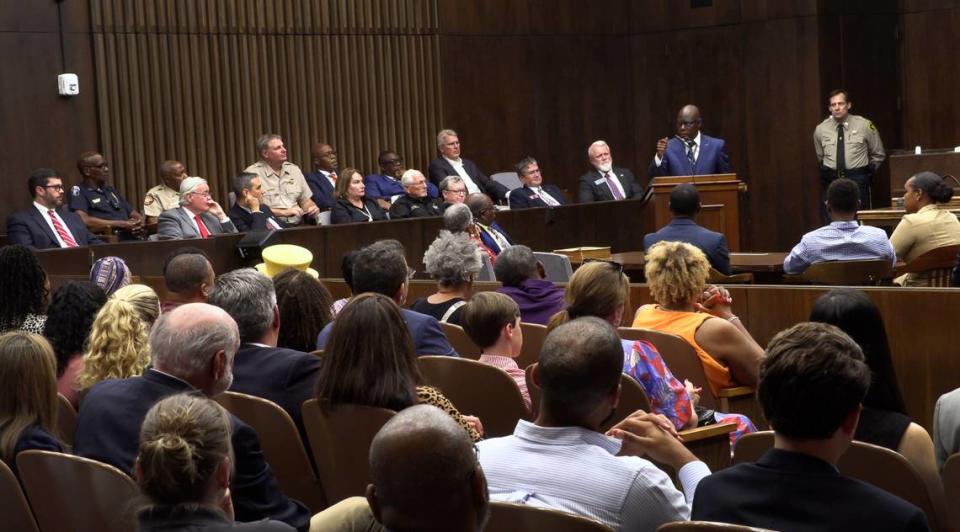 Stacey Jackson speaks to a packed courtroom Friday afternoon after he was sworn in as the new district attorney for the Chattahoochee Judicial Circuit. 05/20/2022 Mike Haskey/mhaskey@ledger-enquirer.com