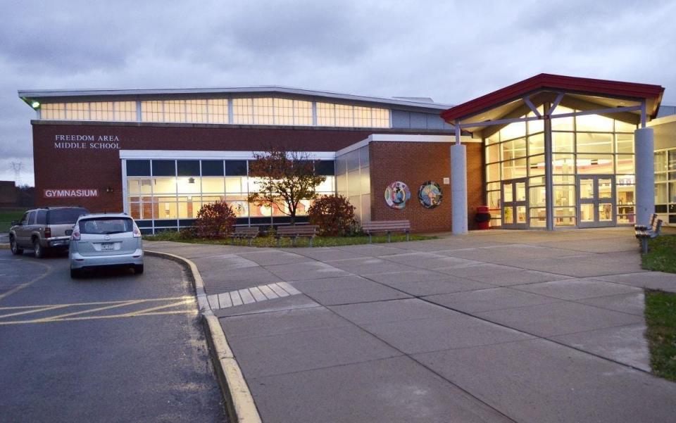 An evening view of Freedom Area Senior High School, located at 1190 Bulldog Dr. in Freedom.
