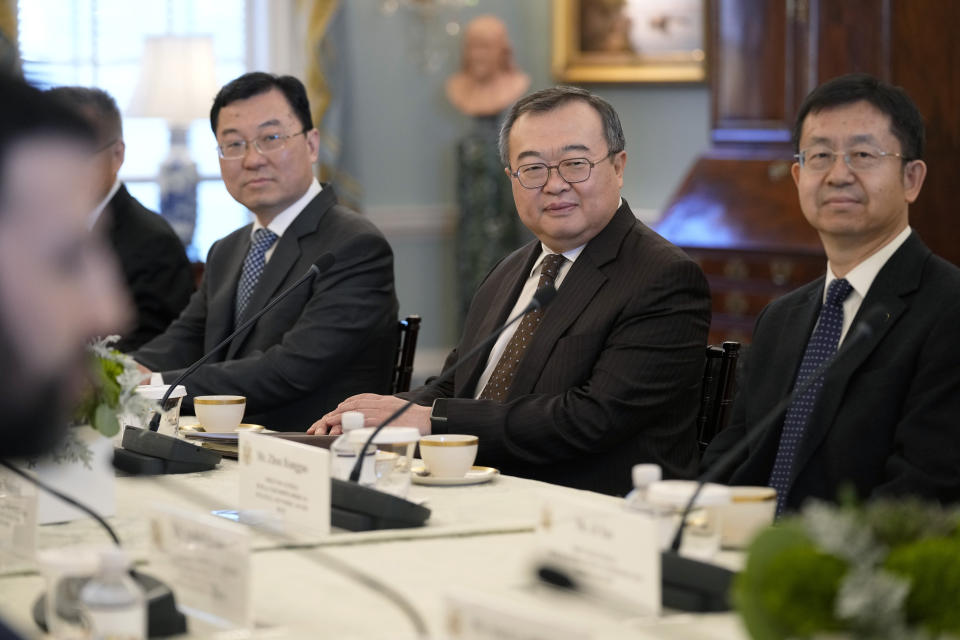 People's Republic of China CCP International Liaison Department Minister Liu Jianchao, second from right, during a meeting with Secretary of State Antony Blinken at the State Department in Washington, Friday, Jan. 12, 2024. (AP Photo/Susan Walsh)