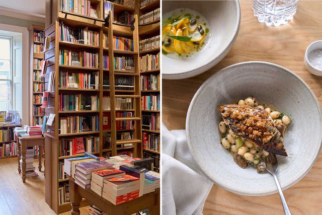 <p>Hayley Benoit</p> From left: The Edinburgh branch of Topping & Co., one of Scotland’s largest independent bookstores; mackerel with shrimp, coco beans, and shiitake mushrooms at Borough, a restaurant in the neighborhood of Leith.