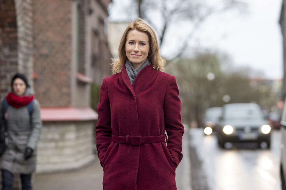 In this photo taken on Tuesday, Feb. 26, 2019, Chairwoman of the Reform Party Kaja Kallas poses for a photo in Tallinn, Estonia. Nearly a million people are eligible to vote Sunday, March 3, 2019 to choose Estonia’s 101-seat Riigikogu legislature, where the outgoing prime minister and his Center Party is pitted against the center-right opposition Reform Party. (AP Photo/Raul Mee)