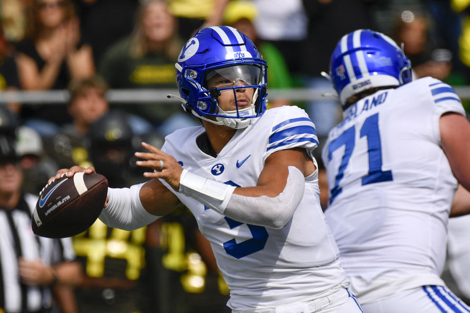 BYU quarterback Jaren Hall (3) loos to pass against Oregon during the first half of an NCAA college football game Saturday, Sept. 17, 2022, in Eugene, Ore. (AP Photo/Andy Nelson)