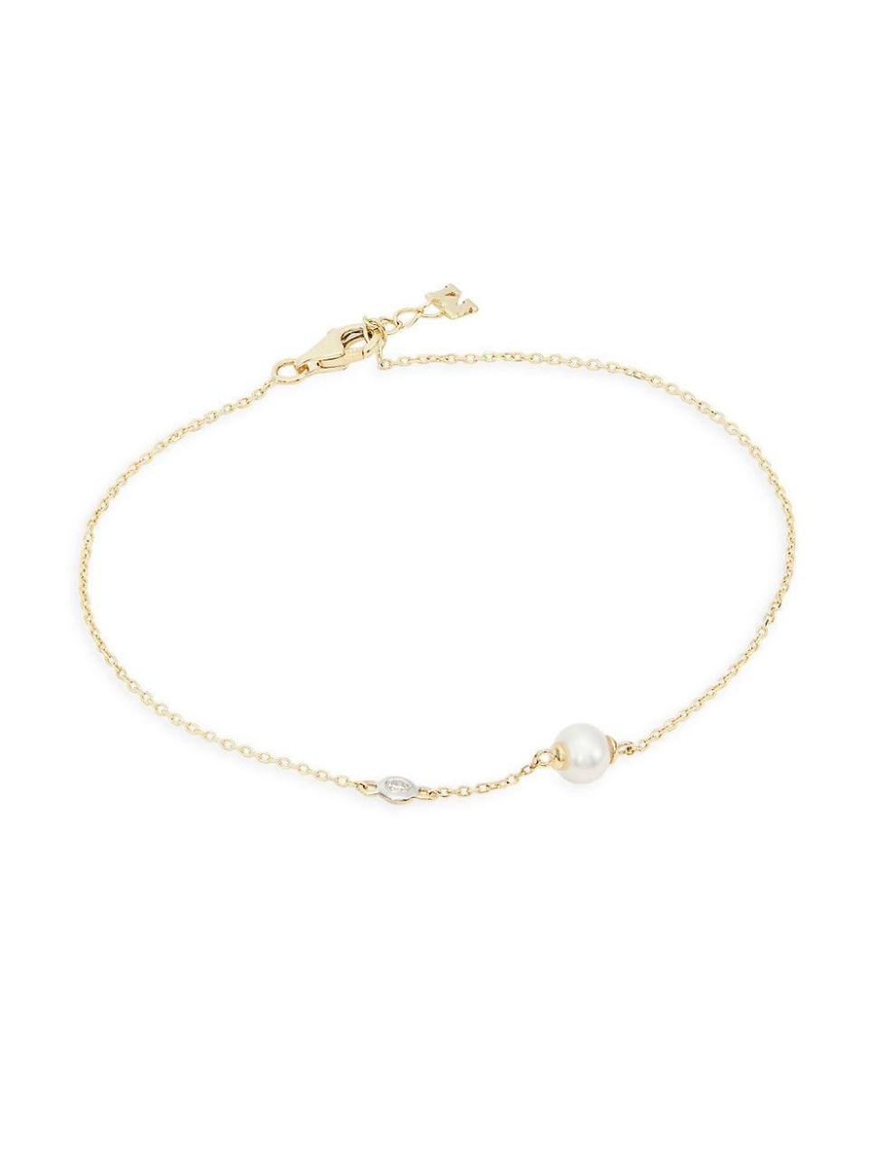 58) Dot 14K Yellow Gold, Cultured Freshwater Pearl, & 0.05 TCW Diamond Bracelet