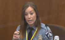 In this image from video, Minneapolis Police Officer Nicole Mackenzie testifies as Hennepin County Judge Peter Cahill presides, Tuesday, April 13, 2021, in the trial of former Minneapolis police Officer Derek Chauvin at the Hennepin County Courthouse in Minneapolis, Minn. Chauvin is charged in the May 25, 2020 death of George Floyd. (Court TV via AP, Pool)