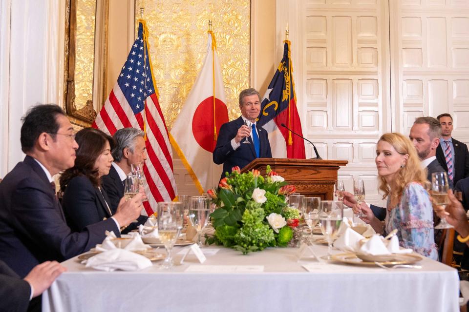 Japanese Prime Minister Fumio Kishida and his wife Yuko Kishida joined Gov. Cooper and First Lady Kristin Cooper for a luncheon at the executive mansion on April 12, 2024