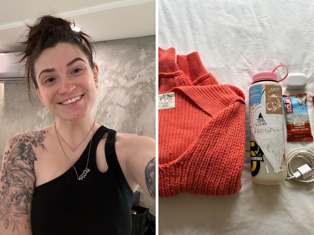 Side-by-side photos of the author smiling for a selfie, and all the items she brings to a tattoo appointment, including a sweater, water bottle, and Clif bar.