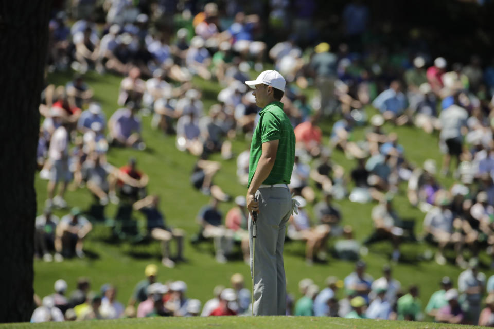 Jordan Spieth lines up his putt on the 15th hole during a practice round for the Masters golf tournament Tuesday, April 4, 2017, in Augusta, Ga. (AP Photo/Charlie Riedel)