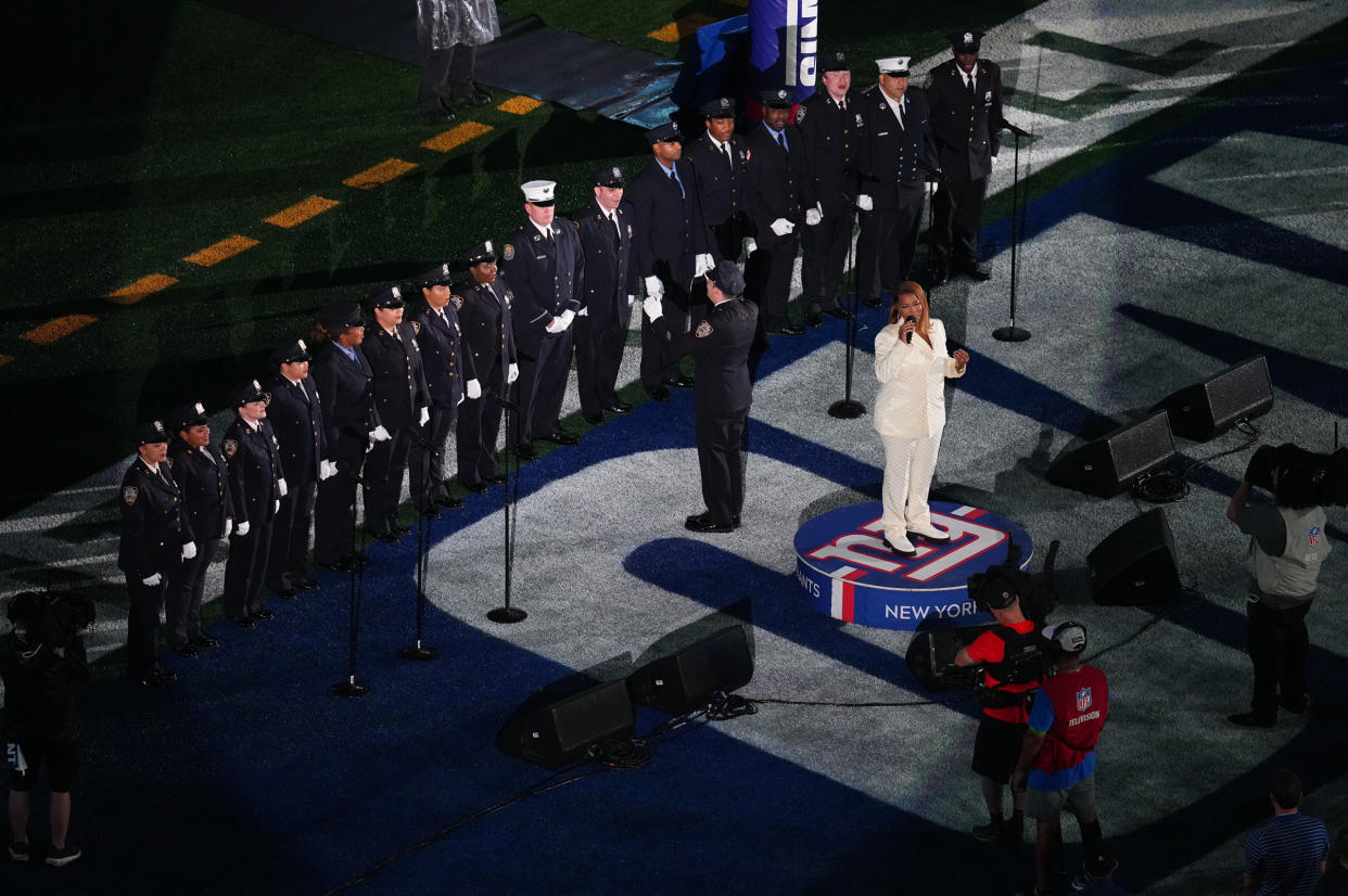 Queen Latifah performs the national anthem prior to a game between the Dallas Cowboys and the New York Giants at MetLife Stadium on September 10, 2023 in East Rutherford, New Jersey.