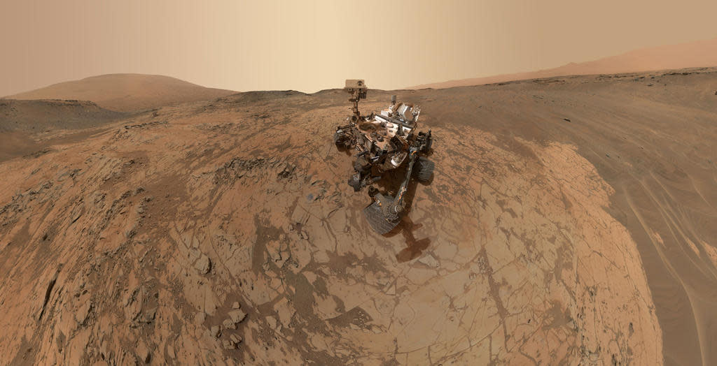 MOUNT SHARP, MARS - JANUARY 2015:  In this handout provided by NASA/JPL-Caltech/MSSS  This self-portrait of NASA's Curiosity Mars rover shows the vehicle at the "Mojave" site, where its drill collected the mission's second taste of Mount Sharp. The scene combines dozens of images taken during January 2015 by the MAHLI camera at the end of the rover's robotic arm.  (Photo by NASA/JPL-Caltech/MSSS via Getty Images)