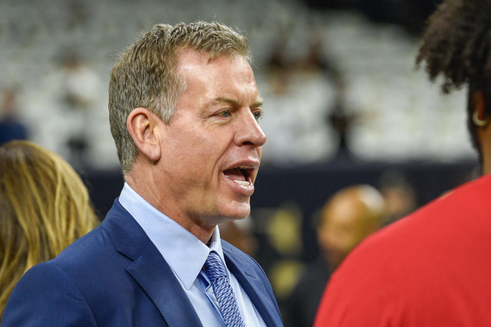 NEW ORLEANS, LA - OCTOBER 31: Troy Aikman chats on the sideline before the football game between the Tampa Bay Buccaneers and New Orleans Saints at Caesar's Superdome on October 31, 2021 in New Orleans, LA. (Photo by Ken Murray/Icon Sportswire via Getty Images)