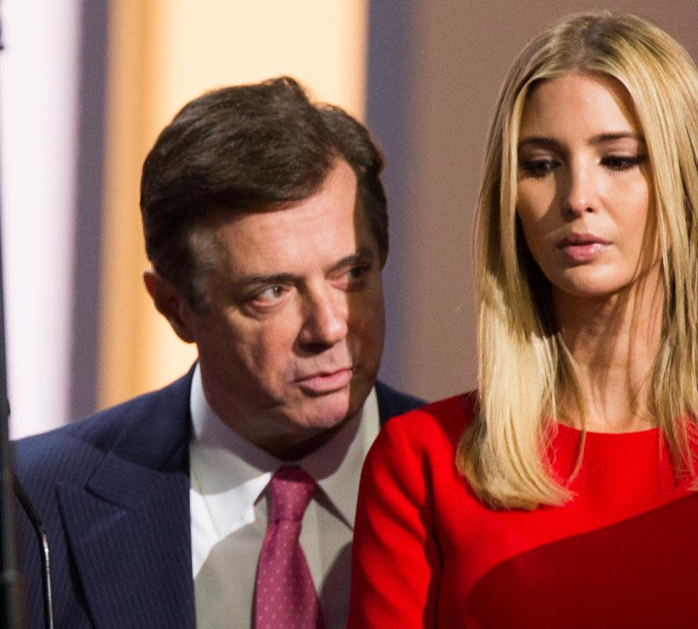 Paul Manafort, Trump’s former campaign manager who has been charged over illegal lobbying, speaking to Ivanka Trump at the Republican Convention in Cleveland, Ohio in 2016. 