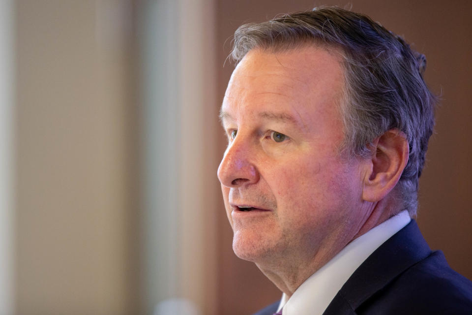 Florida State University President Richard McCullough meets with local reporters during his first day on the job at FSU's Westcott Building Monday, August 16, 2021. 