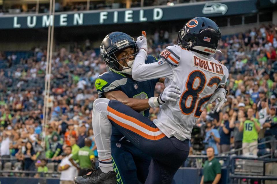 Seattle Seahawks cornerback Coby Bryant stops Chicago Bears wide receiver Isaiah Coulter from scoring a touchdown in the third quarter of their first home preseason game against the Chicago Bears in Lumen Field on Aug. 18, 2022. Clare Grant/The News Tribune/cgrant@thenewstribune.com